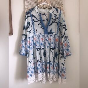 Boho Cotton Seashell Print Beachy Tunic Dress Fringe Lace Bell Sleeves